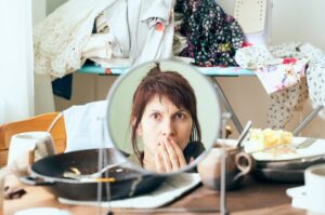 woman looks with horror and fright at herself in mirror against background of mess